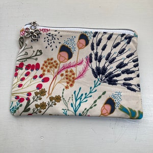 Floral Zipper Pouch, Indie Folk Fabric, Coin and Card Holder
