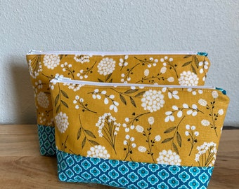 Yellow Floral Zipper Pouch, Geometric Teal Makeup Bag