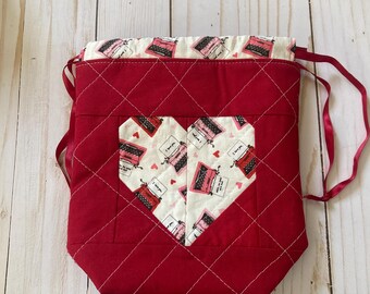 Quilted Heart Valentine Gift Bag | Red Fabric Drawstring Pouch