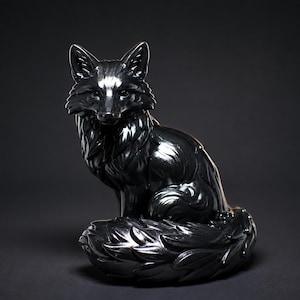 May include: A glossy black fox figurine in a seated position with a bushy, curled tail. The sculpture features detailed fur textures and pointed ears, with a smooth, reflective surface that catches light across its form and defined facial features.