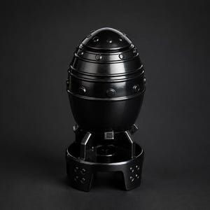 May include: A glossy black, egg-shaped object with a segmented, rounded top featuring small circular indentations. The base consists of a wide, cylindrical stand with four cutouts and a grid-like texture, supporting the main body structure.