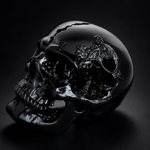 May include: A glossy black skull sculpture featuring intricate, raised floral and vine-like relief patterns carved into the side of the cranium. The object has a smooth, reflective surface with deep shadows defining the eye sockets and jaw.