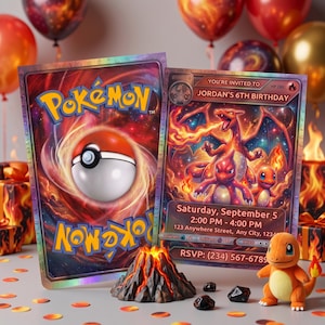 May include: A Pokémon-themed birthday invitation card featuring a holographic border, a Poké Ball graphic, and text reading "You're invited to Jordan's 6th birthday" alongside a Charizard illustration, a small volcano model, and a plush Charmander toy.