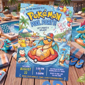 May include: A rectangular invitation card for a Pokemon pool party featuring a central illustration of a Dragonite wearing sunglasses and a cap on a floatie. The text reads: You're invited to a Pokemon Pool Party! Let's make a splash! Saturday August 22, 2:00 PM to 5:00 PM, 456 Pikachu Path, Vermilion City 10000, RSVP to Oak Lab: 123.456.7890, Bring your swimsuit, towel, & best Pokemon vibes!