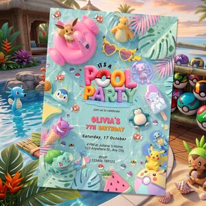 May include: A pool party invitation card featuring various Pokemon characters, a pink flamingo float, heart-shaped sunglasses, and tropical leaves. The text reads: It's a Pool Party, Join us to celebrate, Olivia's 7th Birthday, Saturday, 17 October.