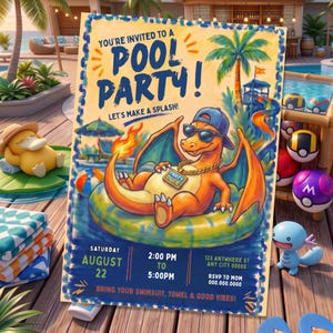 May include: A rectangular pool party invitation card featuring a cartoon orange dragon wearing sunglasses, a blue cap, and a gold chain with a tag reading PARTY DUDE, floating on a green ring. Text includes YOU'RE INVITED TO A POOL PARTY!