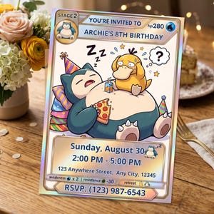 May include: A rectangular birthday invitation card designed like a trading card featuring a sleeping Snorlax wearing a party hat and a confused Psyduck. The text reads: YOU'RE INVITIED TO ARCHIE'S 8TH BIRTHDAY, Sunday, August 30, 2:00 PM - 5:00 PM, 123 Anywhere Street, Any City, 12345, RSVP: (123) 987-6543.