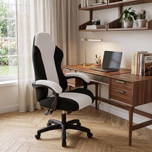 May include: A high-back office chair featuring a black and white textured fabric upholstery. The chair has a contoured backrest, padded armrests, and a black five-point base with rolling casters, designed for ergonomic support and mobility.