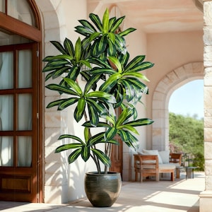 Künstlicher Ficus (1,80 m hoch), realistische, doppellagige Seidenblätter, Stamm in natürlicher Rinde, weißer Pflanztopf