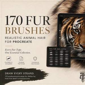 Peut inclure: Une collection numérique de 170 brosses à fourrure pour Procreate, avec une tablette affichant un portrait de tigre, un stylet et une carte d'échantillons marquée Real Fur. Real Depth. Le texte indique 170 Fur Brushes, Realistic Animal Hair.