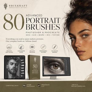 Peut inclure: Un ensemble d'outils d'art numérique intitulé 80 Advanced Portrait Brushes pour Photoshop et Procreate. L'image présente le portrait d'une personne, une tablette avec un croquis, une boîte et un écran montrant un œil, avec des exemples de traits.