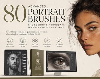 80 Advanced Portrait Brushes, Photoshop and Procreate ABR, Skin Hair Beard Iris Texture Set