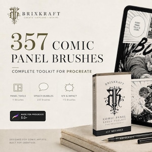 Puede incluir: Un kit de herramientas digitales para Procreate con 357 pinceles de paneles de cómic, incluyendo herramientas de panel, globos de texto y efectos de sonido. El set incluye una caja con marca, una tableta con arte de cómic y un bolígrafo negro.