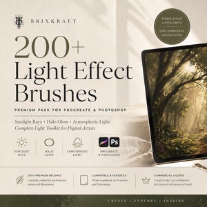Peut inclure: Un ensemble de produits numériques comprenant plus de 200 pinceaux d'effets lumineux pour Procreate et Photoshop. L'image montre une tablette affichant une forêt avec des rayons de soleil, une boîte noire et deux pinceaux. Texte inclus.