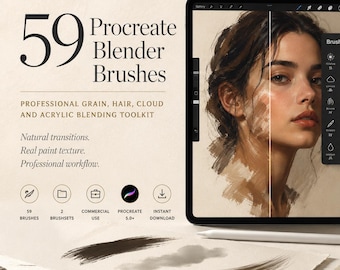 May include: A digital toolkit for Procreate featuring 59 blender brushes, including grain, hair, cloud, and acrylic options. The set includes a tablet displaying a portrait, a brush library menu, a stylus, and a branded box with text.