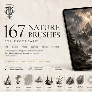 Puede incluir: Un kit de herramientas digital con 167 pinceles de naturaleza para Procreate, mostrado en una pantalla de tableta con un paisaje montañoso con rayos, árboles y fuego. La interfaz incluye etiquetas de texto para categorías como fuego, humo, árboles y nubes.