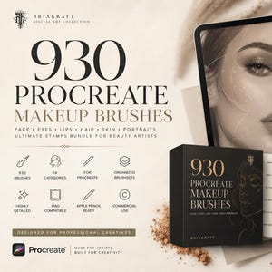 May include: A digital art collection titled 930 Procreate Makeup Brushes featuring a tablet displaying a portrait, a black box with gold text, and a reference card showing various brush strokes for face, eyes, lips, hair, and skin.