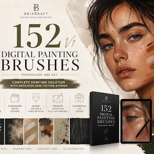 Op de afbeelding: Een digitaal productset met 152 digitale schilderborstels voor Photoshop, inclusief 28 huidporiën- en textuurborstels. De weergave toont een portret met huidtextuurvoorbeelden, een penseelmenu-interface en een productdoos met de tekst 152 Digital Painting Brushes Photoshop ABR Set V1.