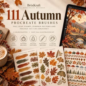 Könnte beinhalten: Ein digitales Kunst-Set mit dem Titel 111 Autumn Procreate Brushes, das Blattstempel, Kürbismuster und Laubtexturen enthält. Das Set umfasst drei Farbpaletten und ein Tablet mit einer Landschaftsillustration einer Steinbrücke.