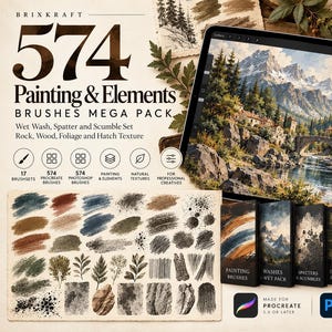 May include: Brixkraft 574 Painting & Elements Brushes Mega Pack for Procreate and Photoshop. Includes wet wash, spatter, scumble, rock, wood, foliage, and hatch texture brushes. Features a digital tablet displaying a mountain landscape painting.