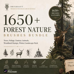 Peut inclure: Un ensemble de produits numériques intitulé 1650+ Forest Nature Brushes Bundle pour Procreate. L'image montre une tablette affichant une liste de pinceaux, un cerf dans une forêt, un château et du texte détaillant arbres, feuillages et animaux.