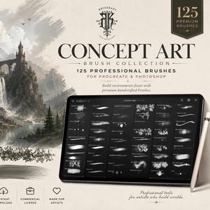 125 Concept Art Brushes for Procreate and Photoshop, Environment and Landscape Brush Set, Cloud Fog Tree and Rock Stamps, Atmosphere Pack