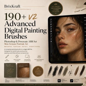 Puede incluir: Un conjunto de pinceles digitales BrixKraft 190+ V2 para Photoshop y Procreate. La imagen muestra una tableta con un retrato y un menú de pinceles, dos libros pequeños, un lápiz óptico y varias muestras de trazos de pincel digitales.