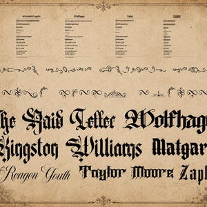 May include: A digital font specimen sheet on a textured parchment background featuring black gothic and script typography. The text includes The Raid Letter, Wolfhagen, Kingston, Williams, Matgard, Reagen Youth, Taylor Moore, and Zaphyr with decorative flourishes.