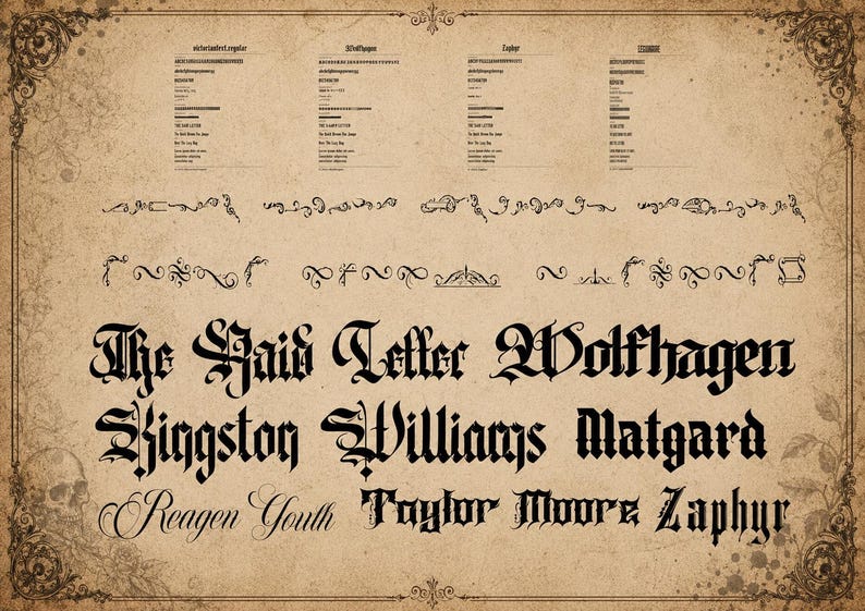 May include: A digital font specimen sheet on a textured parchment background featuring black gothic and script typography. The text includes The Raid Letter, Wolfhagen, Kingston, Williams, Matgard, Reagen Youth, Taylor Moore, and Zaphyr with decorative flourishes.