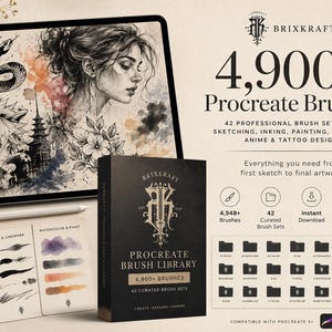 May include: A digital tablet displaying an illustration of a person, a snake, and a pagoda, alongside a black box labeled BRIXKRAFT PROCREATE BRUSH LIBRARY 4,900+ BRUSHES. Includes three sample cards showing graphite, ink, and watercolor brush strokes.