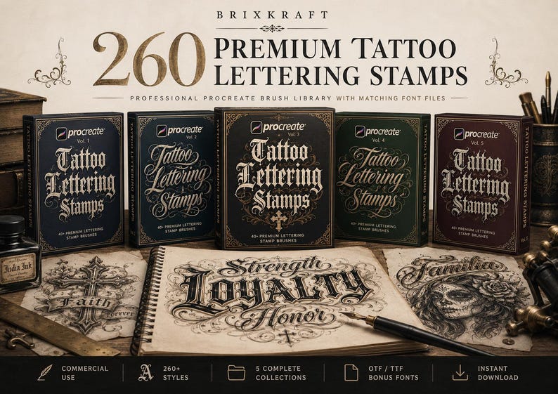 May include: A digital product set titled 260 Premium Tattoo Lettering Stamps by BRIXKRAFT, featuring five boxed volumes of Procreate brush libraries, matching font files, and sample sketches showing calligraphy with the words Strength, Loyalty, Honor.