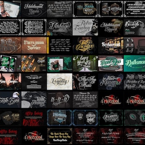 May include: A digital collection of various typographic font styles and graphic design layouts featuring ornate calligraphy, gothic lettering, and decorative flourishes displayed in a grid format with multiple text samples and artistic branding elements.