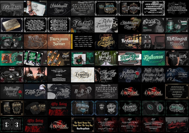 May include: A digital collection of various typographic font styles and graphic design layouts featuring ornate calligraphy, gothic lettering, and decorative flourishes displayed in a grid format with multiple text samples and artistic branding elements.