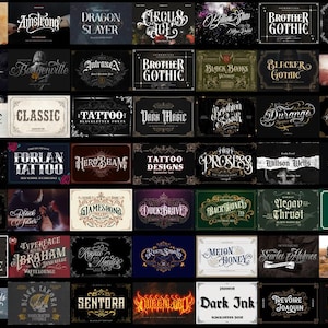 May include: A digital collection of various typographic font styles displayed in a grid layout. Each rectangular panel features unique lettering, decorative borders, and diverse graphic elements, showcasing a wide range of artistic font designs.