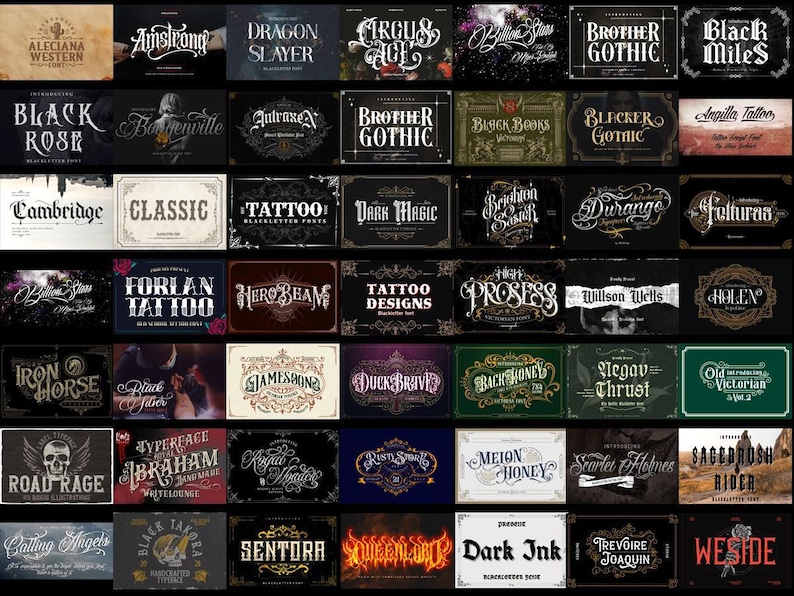 May include: A digital collection of various typographic font styles displayed in a grid layout. Each rectangular panel features unique lettering, decorative borders, and diverse graphic elements, showcasing a wide range of artistic font designs.