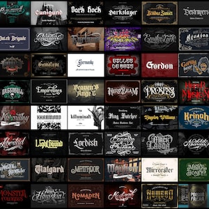 May include: A digital collection of seventy-two distinct typographic logo designs arranged in a grid. Each rectangular panel features unique lettering styles, ranging from gothic and script to bold display fonts, with varied color palettes.