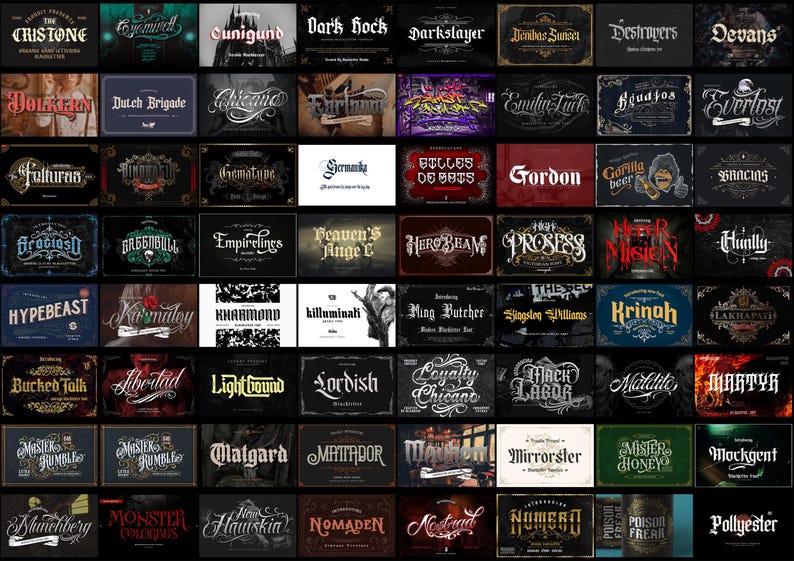 May include: A digital collection of seventy-two distinct typographic logo designs arranged in a grid. Each rectangular panel features unique lettering styles, ranging from gothic and script to bold display fonts, with varied color palettes.