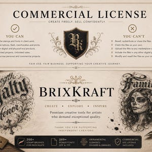 May include: A commercial license document for BrixKraft creative tools featuring a shield logo, text detailing usage rights, and artistic illustrations including the words Strength, Loyalty, Honor, and Familia with a skull-faced woman.
