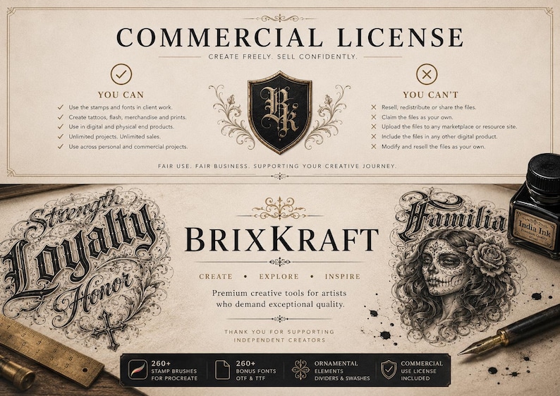 May include: A commercial license document for BrixKraft creative tools featuring a shield logo, text detailing usage rights, and artistic illustrations including the words Strength, Loyalty, Honor, and Familia with a skull-faced woman.