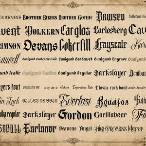 May include: A beige parchment-style background featuring a collection of black gothic and calligraphic font samples. The text includes names like Broken Chains, Brother Bikers, Calvent, Dolkern, Carglas, Bruised, Devans, Cromwell, and Darkslayer.