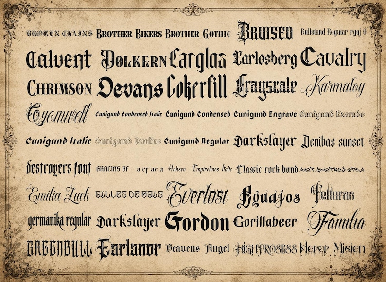 May include: A beige parchment-style background featuring a collection of black gothic and calligraphic font samples. The text includes names like Broken Chains, Brother Bikers, Calvent, Dolkern, Carglas, Bruised, Devans, Cromwell, and Darkslayer.