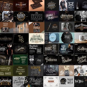 May include: A comprehensive collection of diverse typographic designs, logos, and branding mockups displayed in a grid format. The visual array features various calligraphic styles, ornamental fonts, and graphic emblems applied to bottles, apparel, and stationery.