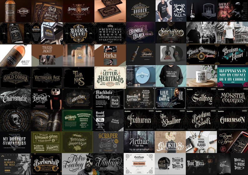 May include: A comprehensive collection of diverse typographic designs, logos, and branding mockups displayed in a grid format. The visual array features various calligraphic styles, ornamental fonts, and graphic emblems applied to bottles, apparel, and stationery.