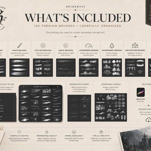 May include: A digital product display featuring 125 premium brushes for concept art. The layout includes categorized brush sets like basic, paint, texture, grain, atmosphere, environment, architecture, and detail, with icons for Procreate and Photoshop.