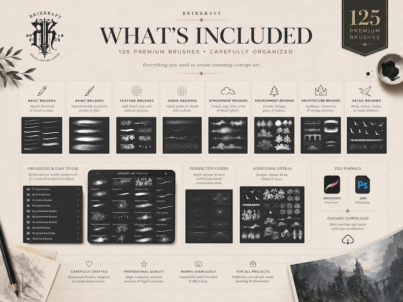 May include: A digital product display featuring 125 premium brushes for concept art. The layout includes categorized brush sets like basic, paint, texture, grain, atmosphere, environment, architecture, and detail, with icons for Procreate and Photoshop.