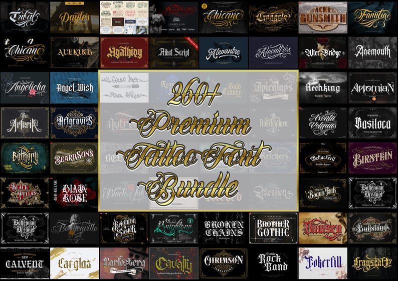 260+ Procreate Tattoo Lettering Stamps, Gothic Blackletter, Chicano Script (Bonus Fonts) image 9