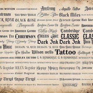 May include: A digital font specimen sheet featuring a collection of black gothic, script, and decorative typefaces arranged in rows against a vintage-style parchment background with ornate corner flourishes and a skull illustration in the bottom right.