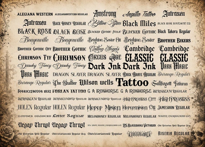 May include: A digital font specimen sheet featuring a collection of black gothic, script, and decorative typefaces arranged in rows against a vintage-style parchment background with ornate corner flourishes and a skull illustration in the bottom right.