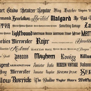 May include: A collection of black gothic and decorative typography samples arranged in rows on a textured, aged parchment-colored background. The text includes various font names such as Rochart Studio, Matgard, Mayhem, and Killuminati in diverse styles.
