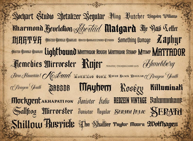 May include: A collection of black gothic and decorative typography samples arranged in rows on a textured, aged parchment-colored background. The text includes various font names such as Rochart Studio, Matgard, Mayhem, and Killuminati in diverse styles.
